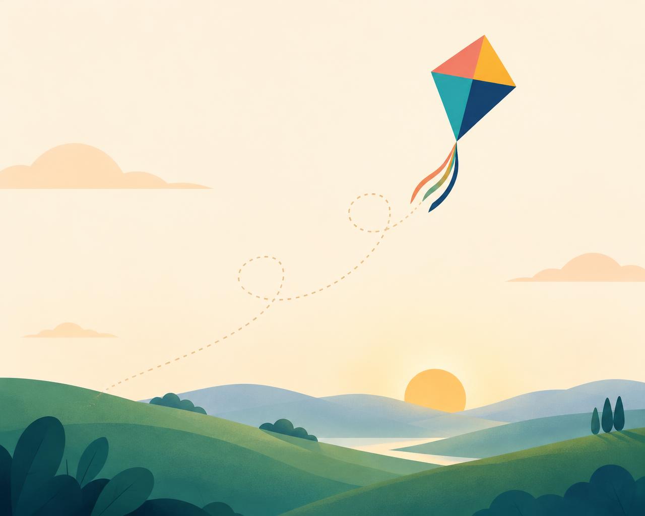 A colorful kite rising over hills at sunrise